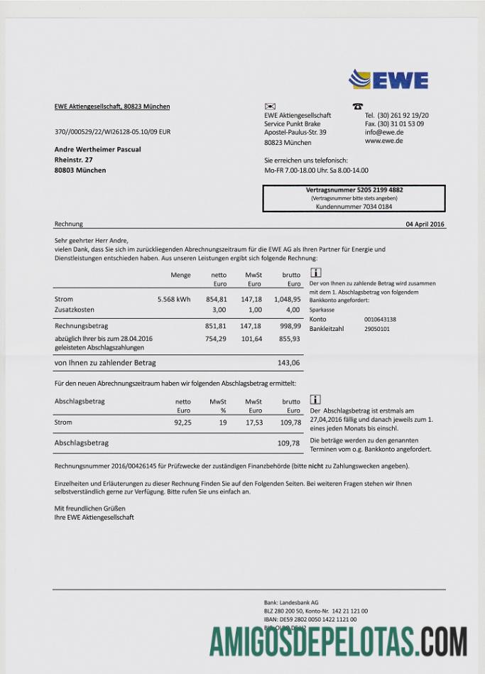 Conta de serviços públicos EWE da Alemanha exemplo real